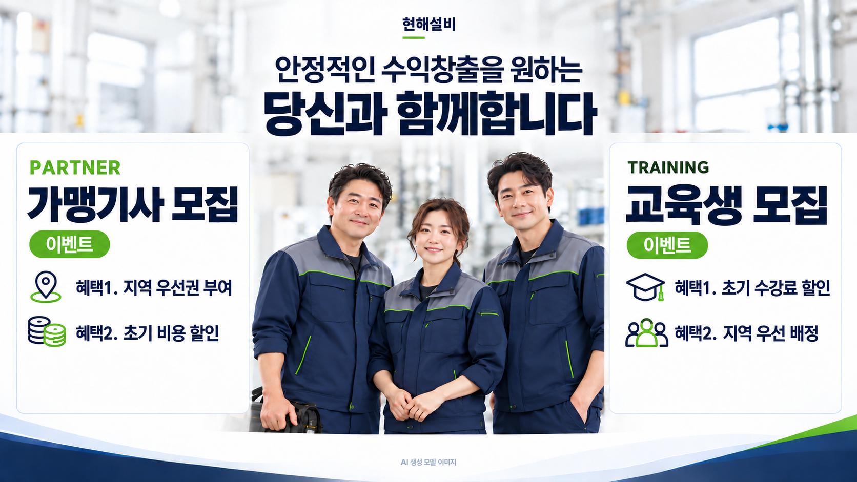 현해설비, 안정적인 수익창출을 원하는 당신과 함께합니다. 가맹기사 모집: 지역 우선권 부여, 초기 비용 할인. 교육생 모집: 초기 수강료 할인, 지역 우선 배정.